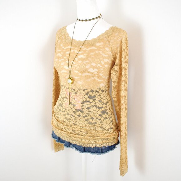VTG 00s Y2K Moda International VS Tan Sheer Floral Lace Long Sleeve Top Sz S - Picture 2 of 6